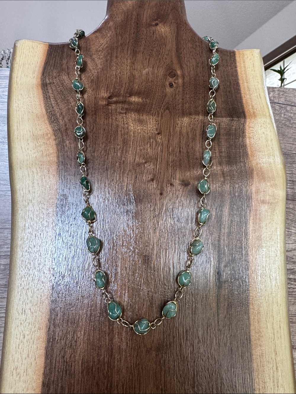 Vintage Long Green Aventurine Nugget Wire Wrapped Gemstone Necklace